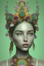 Placeholder: Portrait of a most beautiful young woman decorated with flowers as well as a beautiful headdress, ribbed with gradient mineral stone beads in mint green and purple striped beads with embossed modern motifs and gold filigree costume and half face organic baroque mask bio spine striped detail baroque garden background highly detailed hyperrealistic maximálist concept portrait art