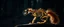 Placeholder: radiant wooden werewolf squirrel Skeleton with fluffy fur, motion blur background dark forest