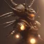 Placeholder: close-up of a insect with samurai armor in a low-light city street with laterns, realistic, steampunk, 3d-art, futuristic, minimal design, unreal engine