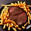 Placeholder: a nice juicy steak with french fries on a black plate