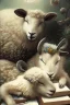 Placeholder: one black sheep reads a book on other site white sheep herd sleep