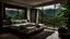 Placeholder: rio, brazil, cozy, comfy, warm, interior, room, nature, hot, light wood, bedroom, room, morning, detailed, plants, river, dark bed, storm