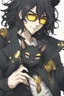 Placeholder: Anime style man with messy black hair and black cat ears. gold eyes. Glasses