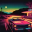 Placeholder: Last Drive: rear 3/4 view, ((a man (with long hair and sunglasses) in a cabriolet car by night in the desert, aside a beautiful girl driving)). Neon speed lines and a motel in background. grainy photo realistic, 80's horror poster, Frazetta, synthwave, dark and moody ambience