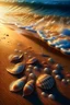 Placeholder: magic sea, beach with sand, shells, realistic, professional photo, 4k, top view, sanset, surf