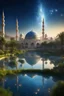 Placeholder: harmonic islamic city with several magic and beautiful smal garden and great building, a magnificent environment, cosmic, faceted dome, crystals, lake. infinitely many details. starry sky, sparkles of light. high definition, 4k, cosmic star sky