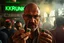 Placeholder: man looking like "Walter White" in breaking bad tv show, bald and goatee glasses, holding condoms in a crowdy slum bar, smoke and light from windows. a sign with the word "KUKRUNK" on the wall