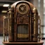 Placeholder: rusty steampunk styled living jukebox made from brass with some organ pipes, some metal strings and a tuba, with some mechanical limbs