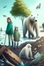 Placeholder: Una niña, un niño y un oso polar se unen a otros animales y personas para plantar árboles, limpiar la basura y usar energía renovable