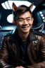 Placeholder: Smiling Male Half-Asian actor with cat ears in a leather jacket, on a spaceship deck