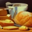 Placeholder: a detailed painting of bread and butter, butter in dish, with butter knife, 1 9 7 0 s, oil on canvas, pop art