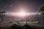 Placeholder: Epic space landscape with meteors in the horizon, trees, distant spaceships, and rocks foreground, 4k