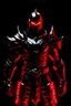 Placeholder: a super villian in black metal armor with red glowing light along the edges of the plates