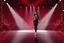 Placeholder: modern stage with dark red theme artistic decoration , color full dynamic lighting, a beautiful lady in pants and blouse with shining silver jewels sport shoes walking to camera, 3D recursive fractal structure animating background