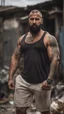 Placeholder: half figure photography of a shy dirty arab burly muscular beefy strong man 38 years old with raided beard, shaved hair, tattoo, ajar mouth, photorealistic ,dressed with a white tank top, side light, outdoor in a dirty street full of garbage