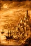 Placeholder: in the art style of Luis Royo: a sepia monochrome medieval fantasy harbor city on a hill side. parchment colored background, dim colors, washed out look