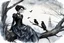 Placeholder: hyper realistic watercolor art style with ink of a steampunk gothic style young woman. She is like doll with pale skin, big dark eyes, tiny nose, tiny mouth, dark hair in gothic dress sitting on a dry tree branch. deep, dark colors, her face is melancholic, surreal with mysterious elements. fog, barren landscape, crows in the gray sky, thriller, weird style, smooth blending, extremely detailed, realistic textures, cinematic, dramatic lighting