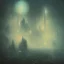 Placeholder: photographic camera in abstract style. fog and smoke in atmosphere. bokeh, lens flare. Dark mood. Dripping paint. oil on canvas, high detailed. beksinski