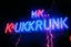 Placeholder: a very big blue whita neon sign that say "MR. KUKRUNK" , black background, flashes and sparks, thunder and lightning