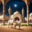 Placeholder: Hyper Realistic Photographic-Center-View of Goat, Cow & Camel outside Detailed-Crafted-Islamic-Architecture-Mosque-Arche with stars & a-half-moon with grass-patches-whirling-on-sand-land showing dramatic & cinematic ambiance.