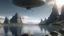 Placeholder: aerie made of rock reaching hundreds of feet into the sky, in a lake, with a flying saucer overhead