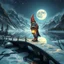 Placeholder: airbrush and pen outline, a glittering Deep Gnome (Svirfneblin) holding huge lantern balancing on frozen bridge pond, huge mountains and moon reflecting on pond, goa psy ambient in the style of vangelis and fsol, source vibrations, bokeh like f/0.8, tilt-shift lens 8k, high detail, smooth render, down-light, unreal engine, prize winning