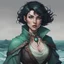 Placeholder: dungeons and dragons human female fathomless warlock, pale freckled skin, short ink black hair, sea green eyes, scar across her bottom lip, wears clothes made for sea travel, portrait