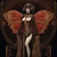 Placeholder: Full body, art nouveau woman with a bob with a fringe hairstyle, Cleopatra clothing, steampunk metal butterfly wings, red markings, black background