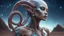 Placeholder: gorgeous female humanoid alien, slender muscular warrior, looking over shoulder at the sky, tentacles, coper zinc orichalcum jewelry and piercings, beautiful face, mesmerizing starry eyes, smooth translucent skin, hourglass, size DD.