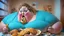 Placeholder: big woman stuffing mouth with food while on the telephone