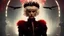 Placeholder: high resolution, best quality, cinematic shot, , full body shot wide angle, blade runner, blonde woman in red , with a black crow on her shoulder, the woman has got a crystal white crown on her head. stars are reflecting in the glass crown