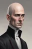 Placeholder: Draw me a 40-year-old man with sharp cheekbones. He has long white hair pulled back. Bald forehead, missing eyebrows. Slim build and tall stature. Wears a black overcoat with red lines and a high collar