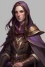 Placeholder: cahotic evil charismatic Wood Elf Bard Female with pale skin and sharp features, long brown hair, wearing a purple vest and brown adventurer's cloak with a smirk.