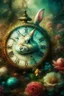 Placeholder: The fairy tale "Alice in Wonderland", a rabbit with a clock hurries among the bushes of vintage roses Oil on silk, work of art, hyperdetalization, professionally, filigree, misty haze,surrealism, transparent, delicate pastel tones, backlight, grunge style, three-dimensional watercolor, aesthetically pleasing, beautiful, realistic, high resolution, high detail, ISO 100 photosensitivity and aperture f/2.8, 1/250 with a 30 mm lens, 32 KB