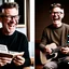 Placeholder: Photo montage of a middle-aged man with short hair. the image-1 shows him laughing in casual attire. image-2 portrays him reading a book in glasses and a sweater. image-3 captures him jogging in sportswear with determination. image-4 depicts him playing guitar in a relaxed environment