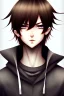 Placeholder: anime boy with short brown hair with split bangs, black outfit, brown eyes