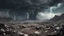 Placeholder: A landscape of a decaying planet full of trash and what remained of the trash after a nuclear disaster, the sky is greyish and full of toxic clouds, an unhealthy sky where we just see glimpses of light coming through the clouds, we see some mountains in the background and around the mountains we see some epic lightning and thunder bolts, the scene of the decaying planet is a sad reality, here and there we see green toxic smoke coming from the holes in the ground, we see a ruined city, UE5.