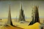 Placeholder: Mysterious towers in a desert landscape by artists "Leonora Carrington" and "Max Ernst"