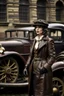 Placeholder: young woman with straight shoulder-length hair, dressed in brown leather trousers and waistcoat, leather gloves and a fascinator in an old industrial courtyard, next to a steampunk steam car