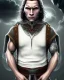 Placeholder: A short guy with a round head and big muscles wearing a net undershirt, a jacket, and a beanie that does not cover the ears. He has a small chain around his neck, baggy pants, and white wooden shoes. lord of the rings style