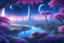 Placeholder: futuristic landscape, uninhabited planet, shiny transparent domes, several suns, magnificent blue light, magnificent trees and nature, blue river and pink flowers over there with many stars bright