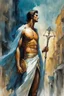 Placeholder: Alex Maleev, unused cover illustration, 2005: [greek god model in flesh] A man resembling Apollo with the Lyre emerges in a vibrant city, captivating all who cross his path. With an ethereal beauty and serene demeanor, he exudes divine inspiration. His flowing robes and elegant posture reflect his grace and creativity. Apollo's presence ignites the imaginations of artists, musicians, and poets, urging them to create extraordinary works. His enchanting aura draws people towards him, awakening a l