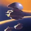 Placeholder: A spaceship that looks like a bird orbiting a chrome planet by Chris foss