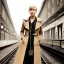 Placeholder: A beautiful slender well dressed young Russian woman with short blonde hair and a black trench coat, waiting for a man at night at a train station in London