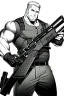 Placeholder: man with sawed-off shotgun, greyscale