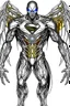 Placeholder: Facing front mechanical cyborg l Superman straddle wings detailed, intricate, mechanical, gears cogs cables wires circuits, gold silver chrome copper