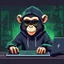 Placeholder: A grinning Monkey sitting in front of a laptop, hacking systems, wearing a hoodie and sunglasses. Matrix in background. Pixel Art. Profile Picture. Avatar. Pixel