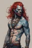 Placeholder: full body character concept illustration of a long red haired, blue tattooed Pict tribesman, , maximalist, sharp focus, highest resolution, in the styles of Denis Forkas , and Masahiro Ito, boldly inked, 8k, coarse, gritty textures