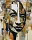Placeholder: an extreme abstract acrylic and ink and battered paper photo collage poster of an unexpected mentioned in an arafed improbability made of smisunderstanding with a checkered juxtaposition, liminal space, vague resemblances of curved twisting stylized head wearing tribal mask, tribal patterns, memories of negative space, amazing reflections, amazing curves, amazing transparency, split vibe, double exposure influence, heavy zigzag vibe, side view, ((line lips)), crude mouth, afrofuturism