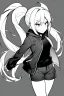 Placeholder: blonde girl with ponytails dressed in a jacket and shorts walks angry, greyscale